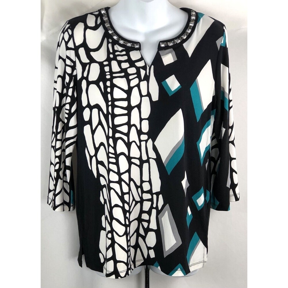 JM Pullover Jersey Top PM Blk/Wht Geo 3/4 Sleeve Beads CutOut V-Neck Funky Artsy